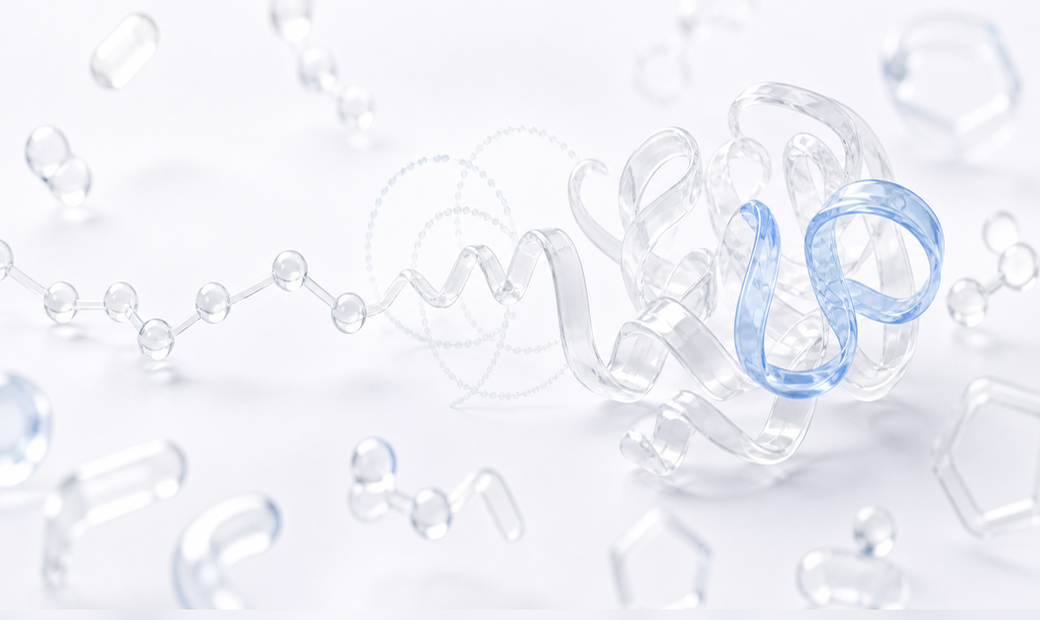 흰 배경 위에서 짧은 단백질 서열 표현이 반투명한 구조 단서 레이어를 지나 작은 접힌 protein backbone 형태로 이어지는 hero 이미지