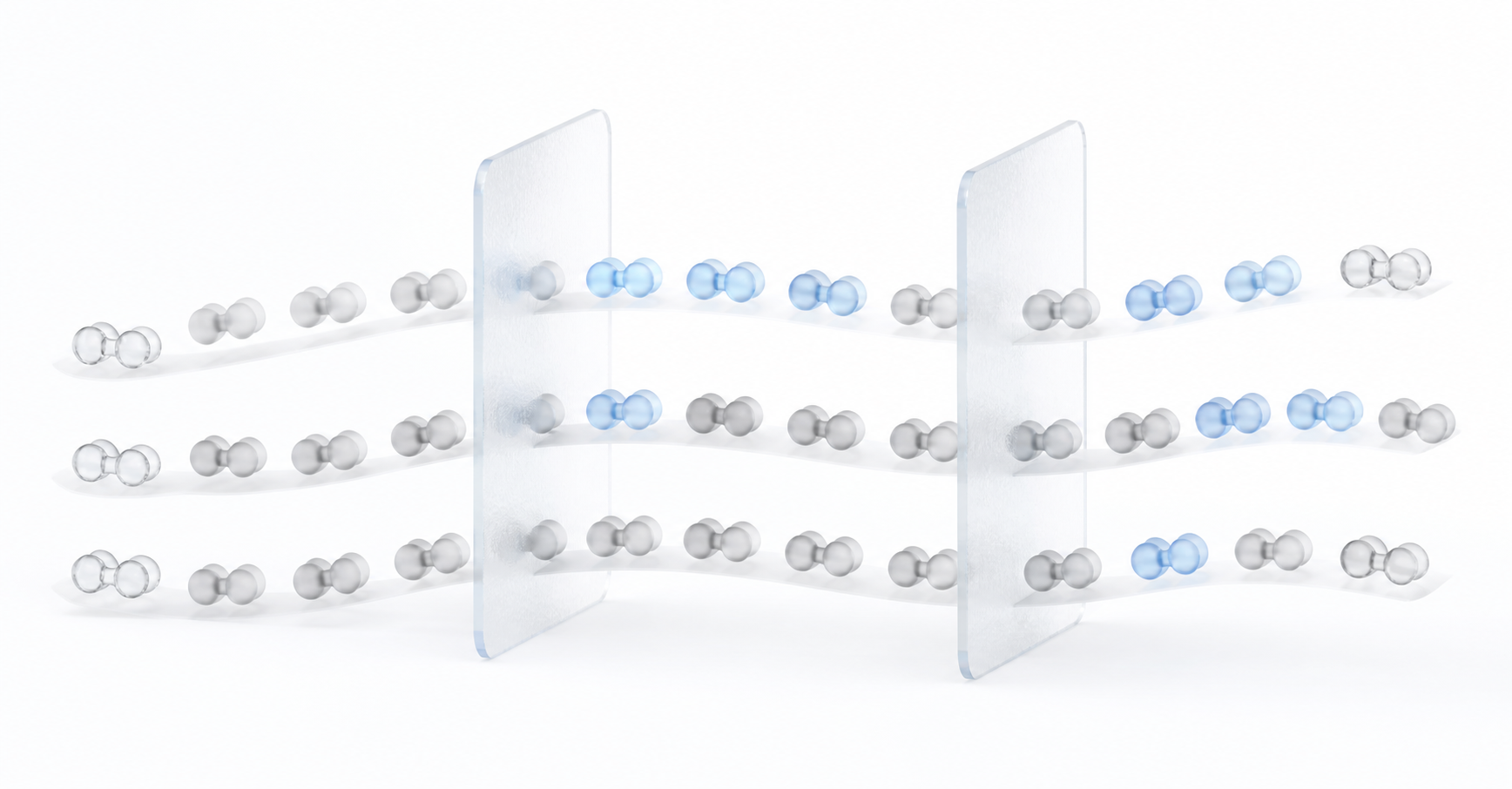Three rows of translucent preference-pair capsules crossing two glass boundaries from different positions