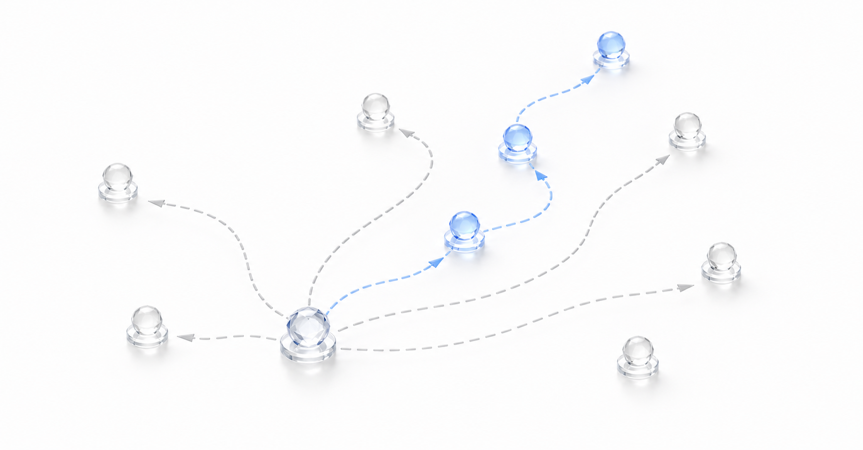 A near-white glass-style scene with translucent checkpoint beads, branching recipe-checkpoint paths, and one subtle light-blue selected path